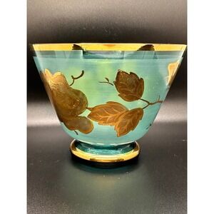 Czech Teal Glass Bowl with Golden Roses, Borske Sklo
